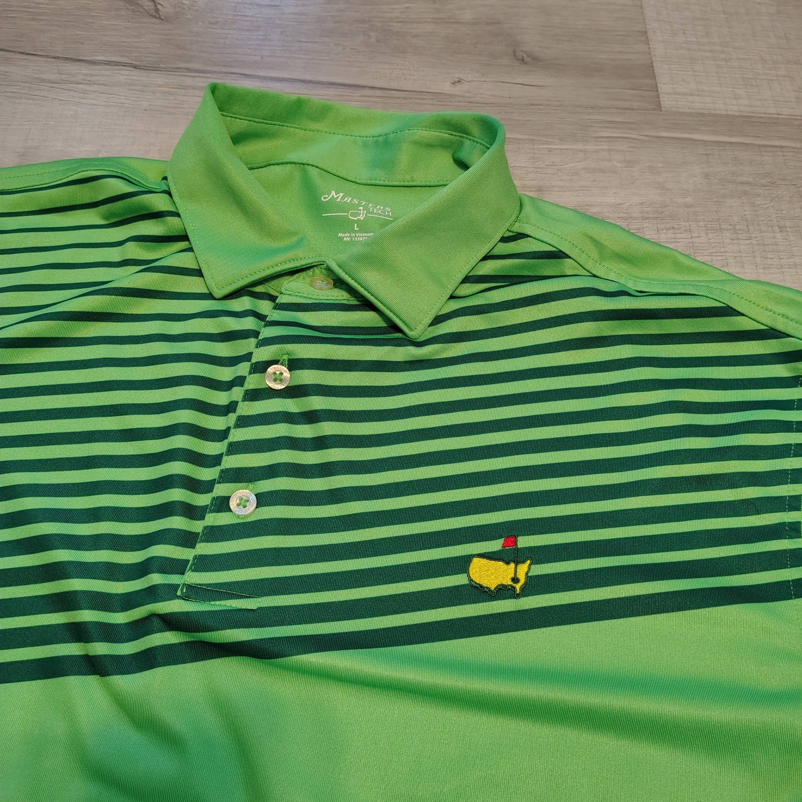 Masters Tech Mens Large Green Striped Performance Golf Polo Tournament Logo